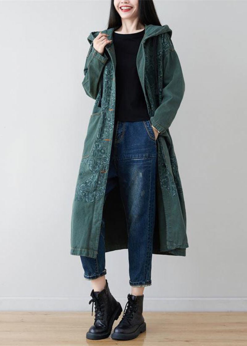 Sweat À Capuche En Denim Imprimé Patchwork Vert Français Vêtements D'extérieur Printemps - Manteaux d'hiver femmes