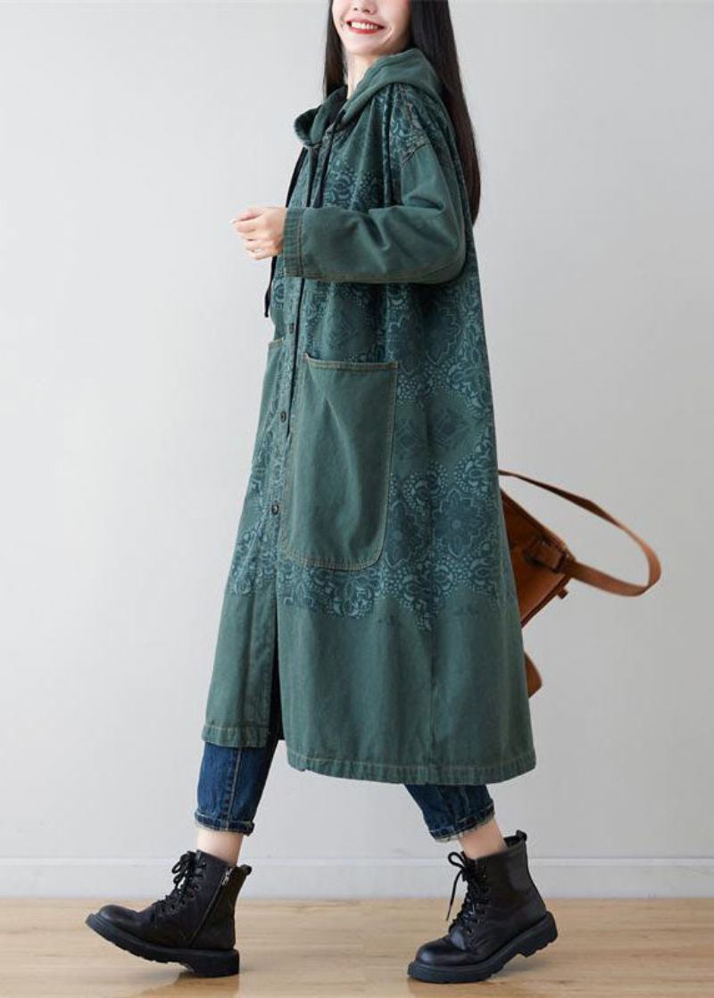 Sweat À Capuche En Denim Imprimé Patchwork Vert Français Vêtements D'extérieur Printemps - Manteaux d'hiver femmes