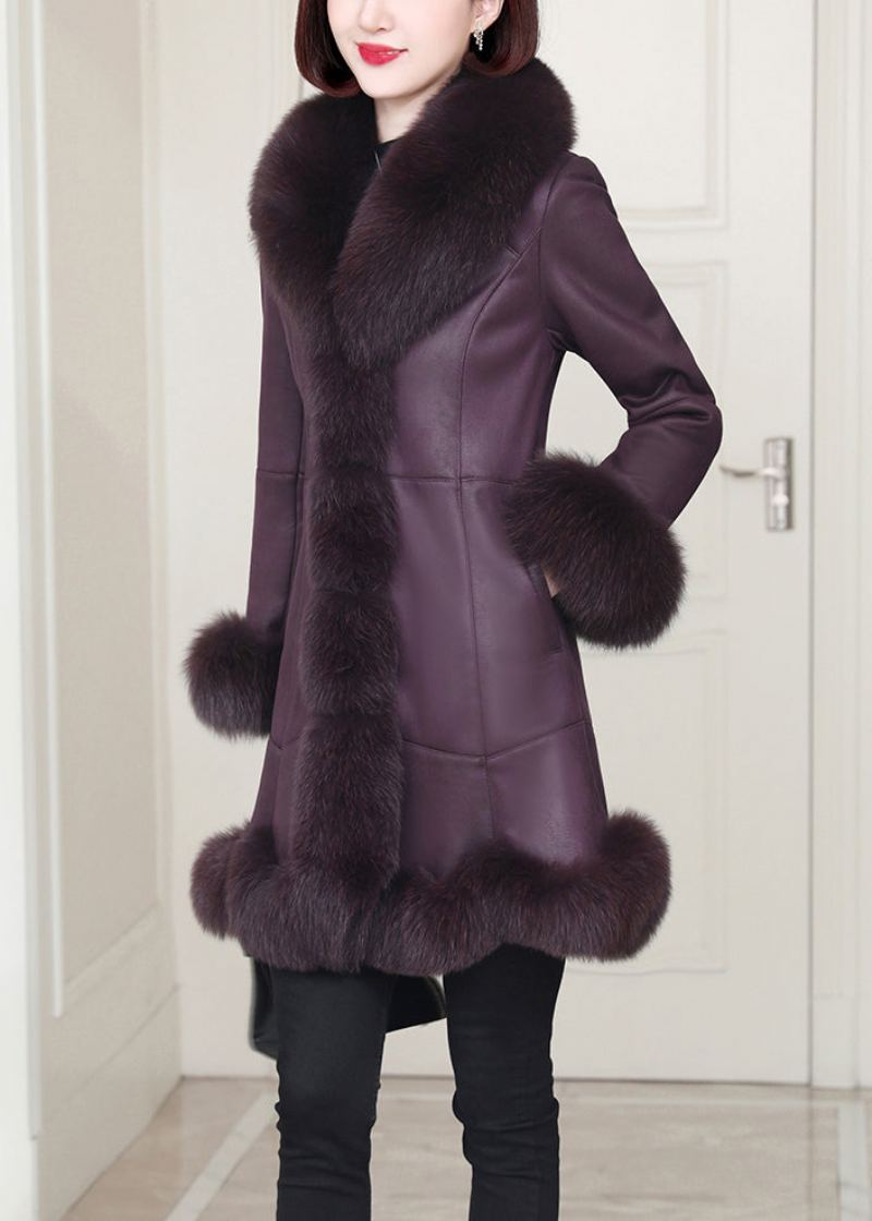 Top Qualité Violet Lapin Cheveux Col Poches En Cuir Et Manteaux De Fourrure Hiver - Manteaux d'hiver femmes