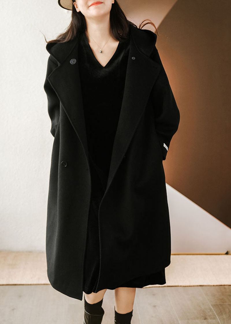 Trench Ample En Laine À Capuche Noir Français Couleur Unie Hiver - Noir