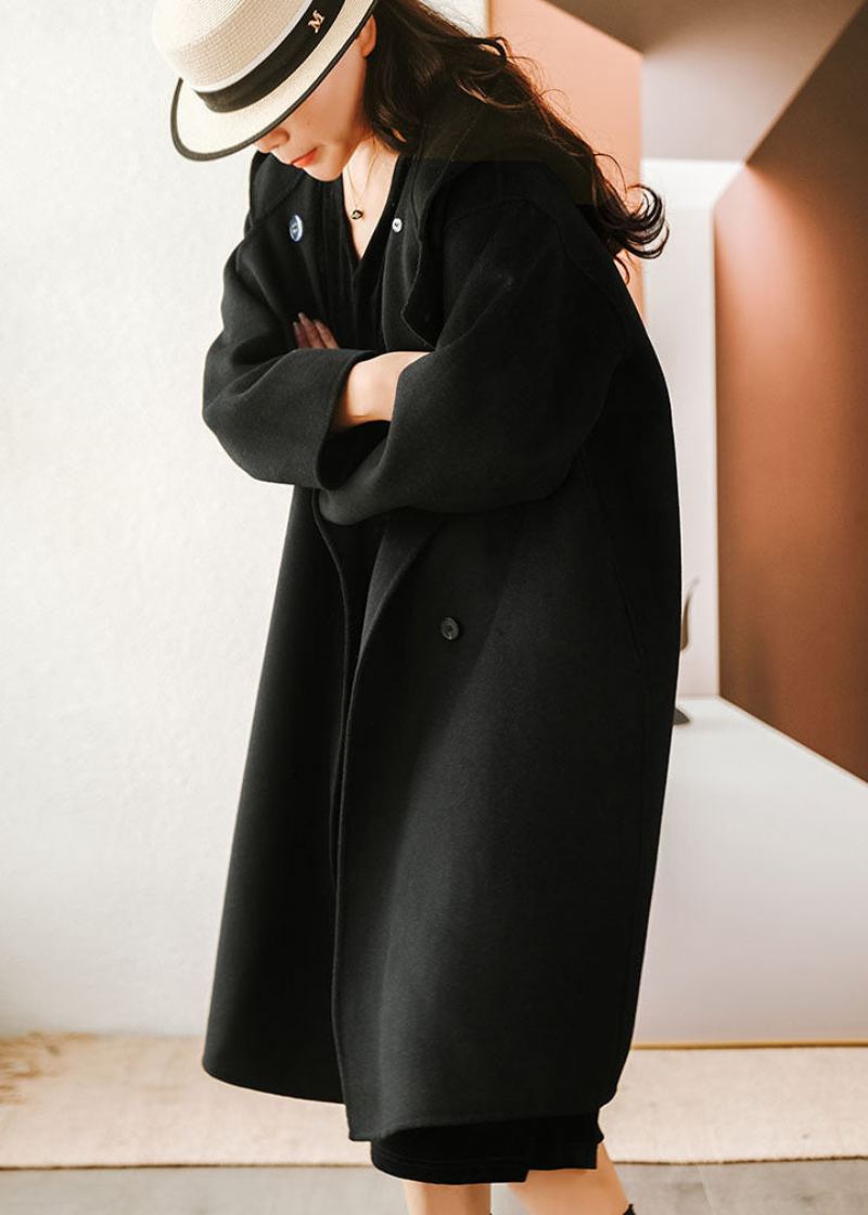 Trench Ample En Laine À Capuche Noir Français Couleur Unie Hiver - Noir