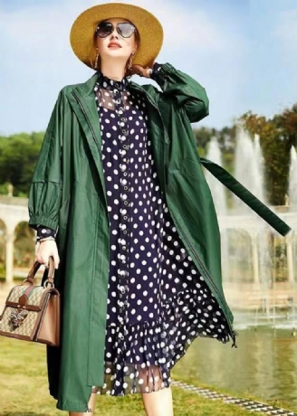 Trench-coat En Coton Ample Vert Poches À Col Montant Patchwork Automne