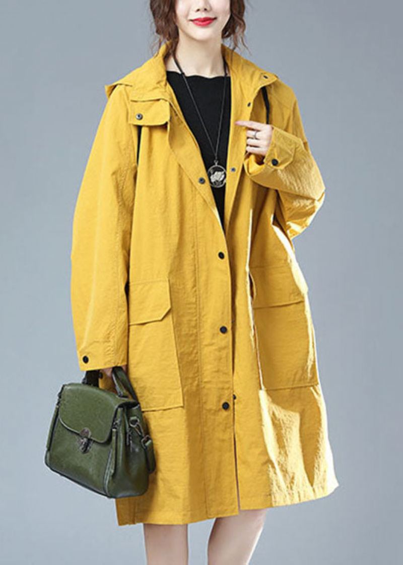 Trench-coat En Coton Patchwork À Capuche Jaune Grande Taille Poches Imprimées Automne