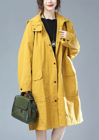 Trench-coat En Coton Patchwork À Capuche Jaune Grande Taille Poches Imprimées Automne