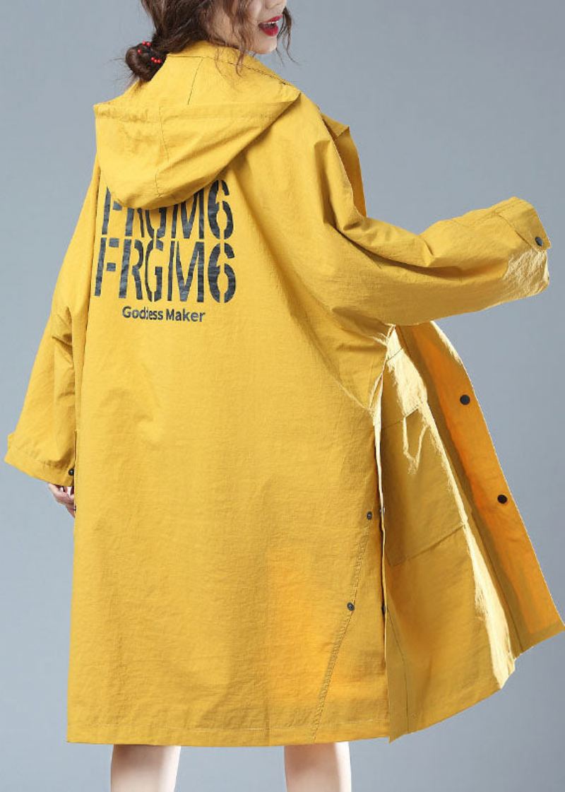 Trench-coat En Coton Patchwork À Capuche Jaune Grande Taille Poches Imprimées Automne - Manteaux d'hiver femmes