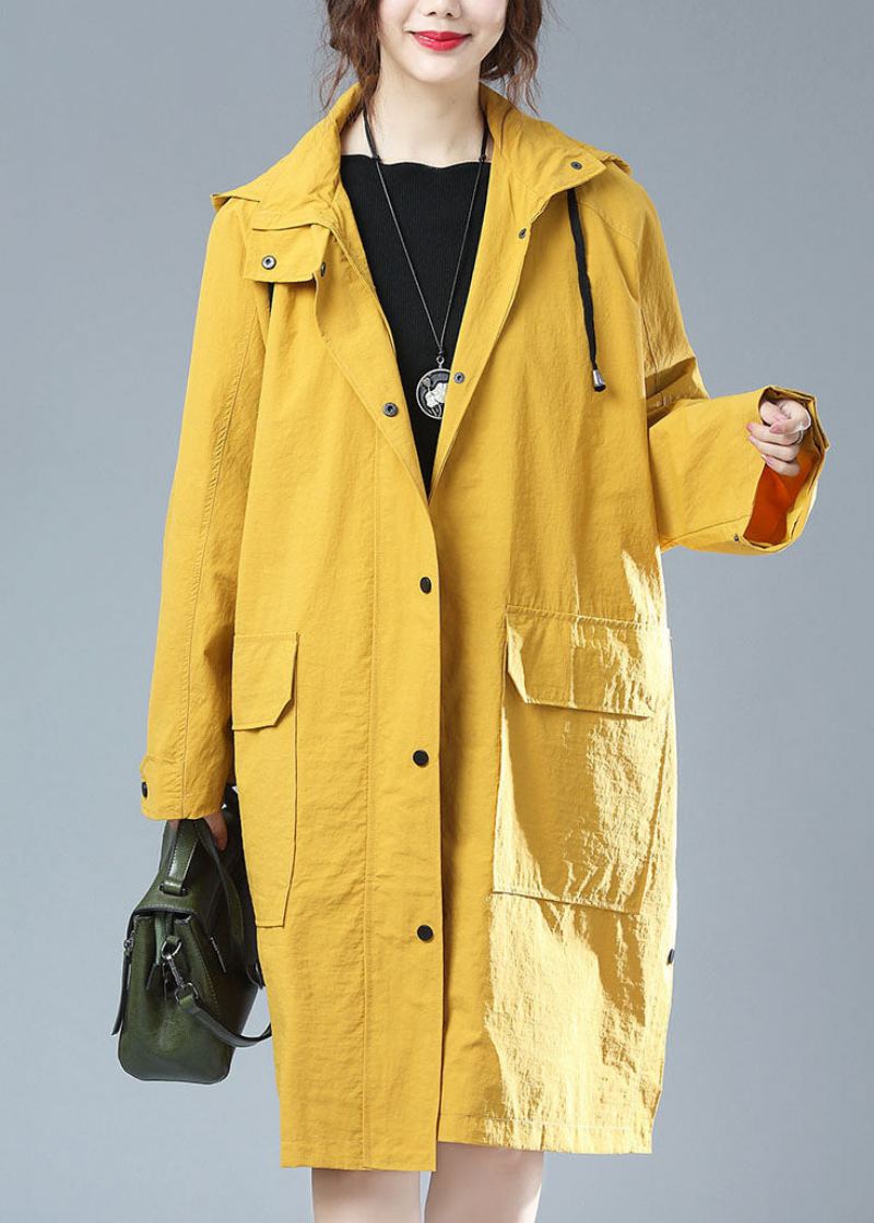 Trench-coat En Coton Patchwork À Capuche Jaune Grande Taille Poches Imprimées Automne - Manteaux d'hiver femmes