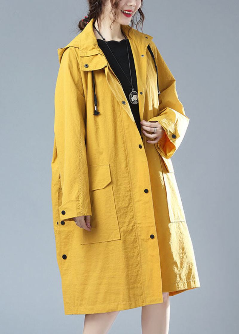 Trench-coat En Coton Patchwork À Capuche Jaune Grande Taille Poches Imprimées Automne - Manteaux d'hiver femmes