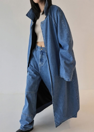 Trench-coat En Denim Bleu Français Surdimensionné Des Deux Côtés Automne