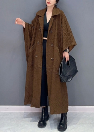 Trench-coat Long En Coton Avec Poches Double Poitrine Manches Chauve-souris Marron Français