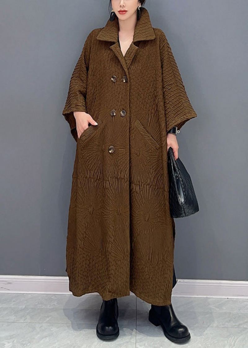 Trench-coat Long En Coton Avec Poches Double Poitrine Manches Chauve-souris Marron Français - Manteaux d'hiver femmes