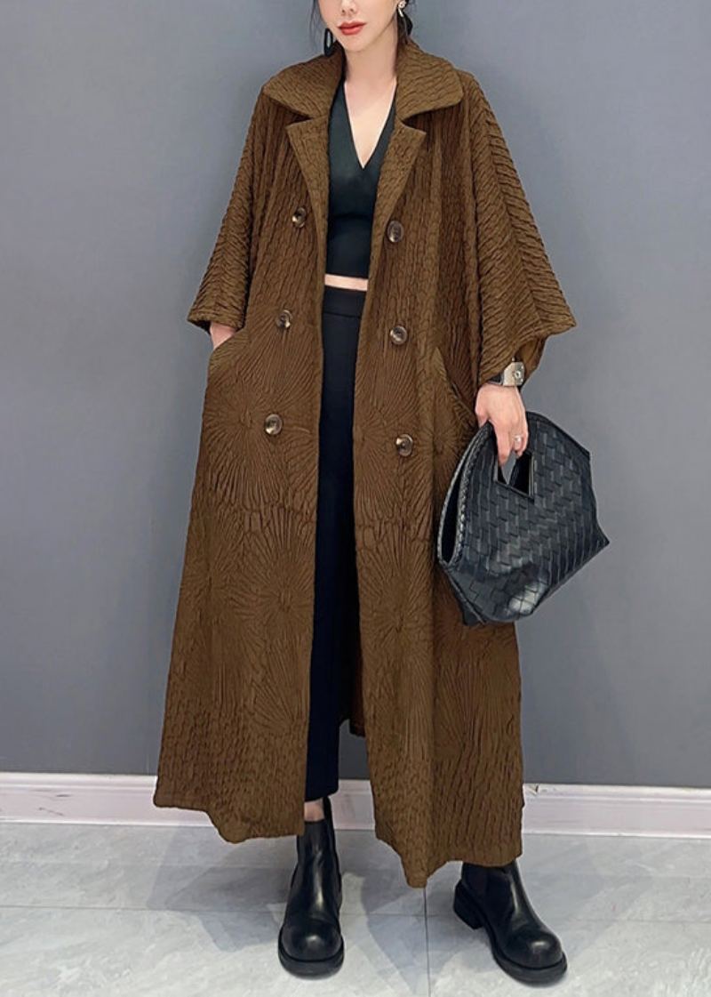 Trench-coat Long En Coton Avec Poches Double Poitrine Manches Chauve-souris Marron Français - Manteaux d'hiver femmes