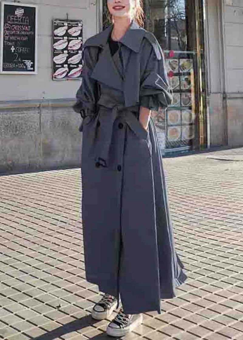 Trench-coat Long En Coton Avec Poches Grises Ouvert Sur Le Côté Col Claudine Manches Longues - Manteaux d'hiver femmes