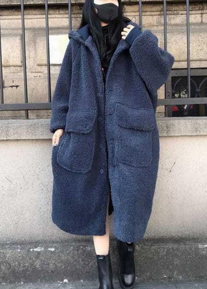 Trench-coat À Manches Longues Ample Et Décontracté À Capuche Bleu Fin Hiver - Manteaux d'hiver femmes