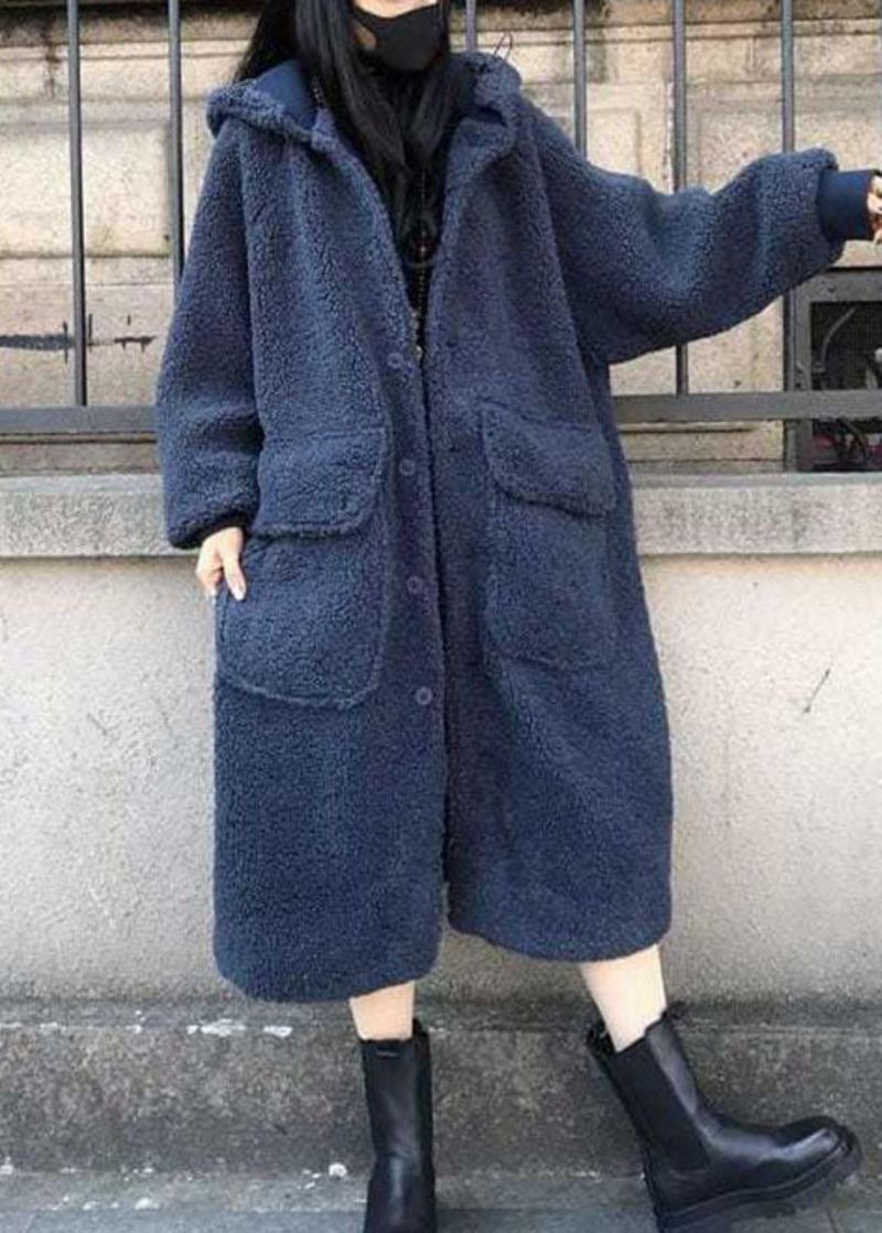 Trench-coat À Manches Longues Ample Et Décontracté À Capuche Bleu Fin Hiver - Manteaux d'hiver femmes