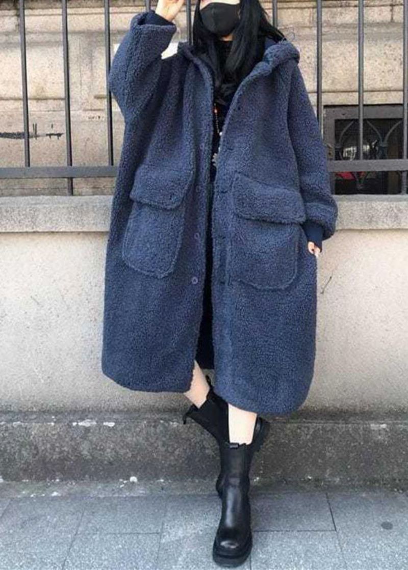 Trench-coat À Manches Longues Ample Et Décontracté À Capuche Bleu Fin Hiver - Manteaux d'hiver femmes