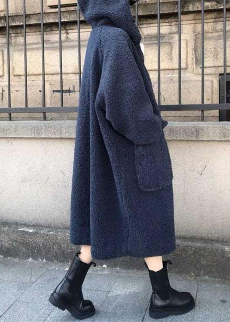 Trench-coat À Manches Longues Ample Et Décontracté À Capuche Bleu Fin Hiver - Manteaux d'hiver femmes