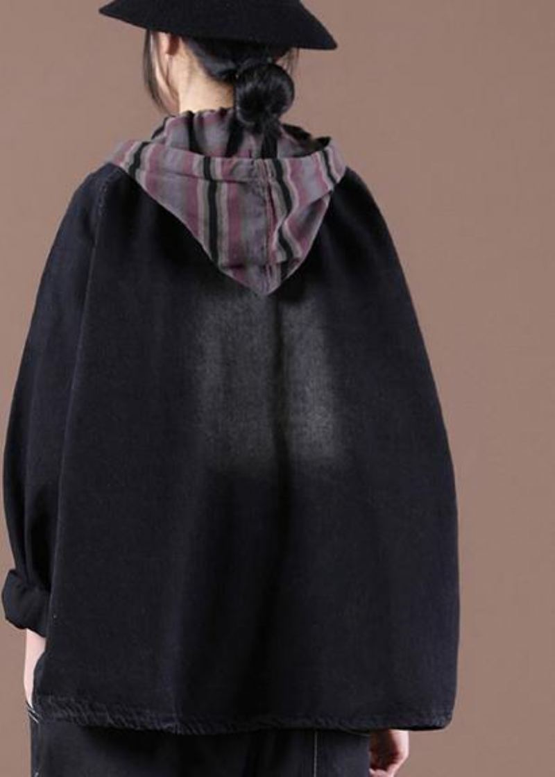 Trench-coat Noir À Capuche Avec Cordon De Serrage Vêtements D'extérieur De Printemps - Manteaux d'hiver femmes