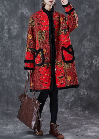 Trench-coat En Polaire Chaud Imprimé Rouge Beau Patchwork Hiver