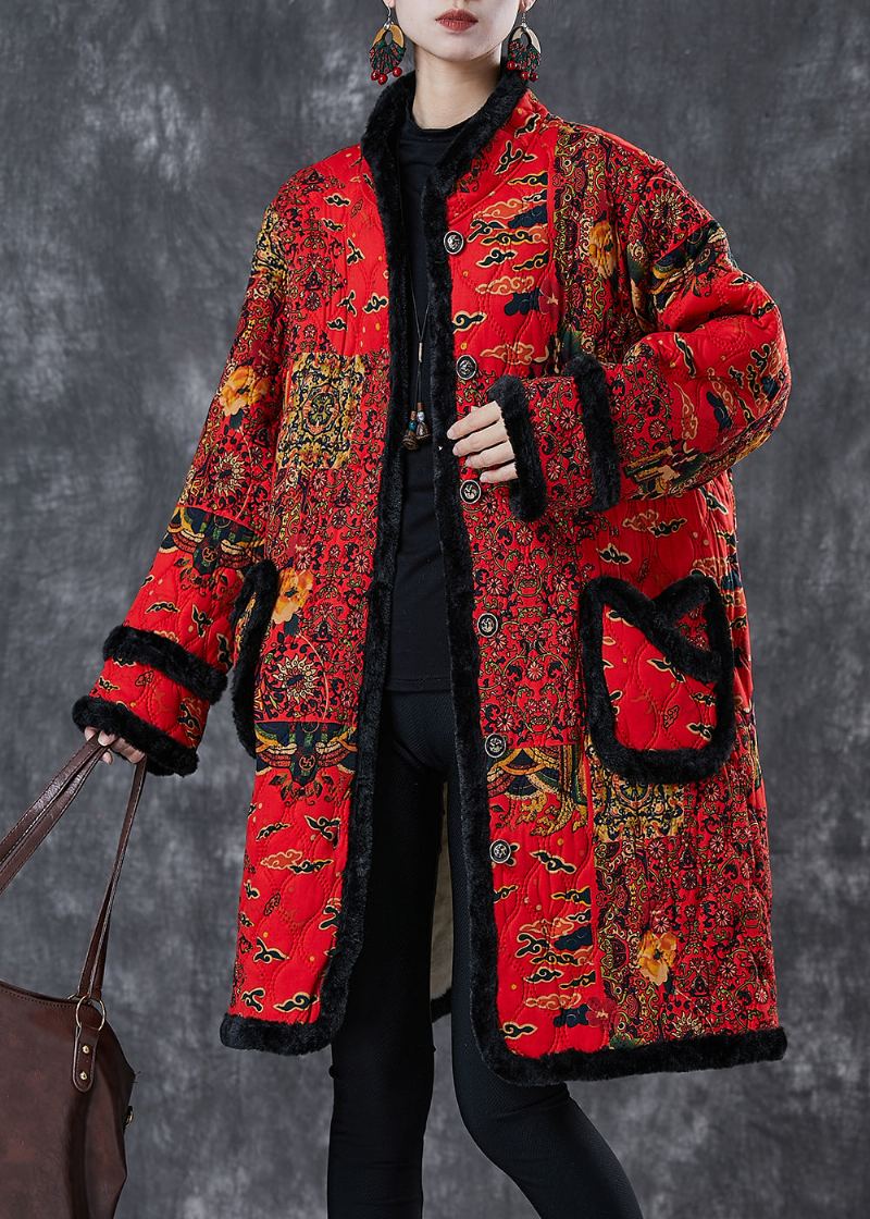 Trench-coat En Polaire Chaud Imprimé Rouge Beau Patchwork Hiver - Manteaux d'hiver femmes