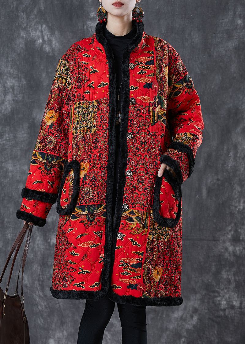 Trench-coat En Polaire Chaud Imprimé Rouge Beau Patchwork Hiver - Manteaux d'hiver femmes