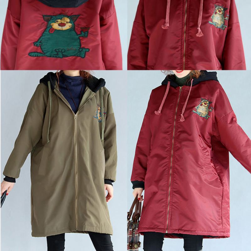 Trench-coat Rouge Épais Et Chaud À Fermeture Éclair Imprimés Surdimensionnés Manches Longues Capuche Tenues D'hiver - Vert