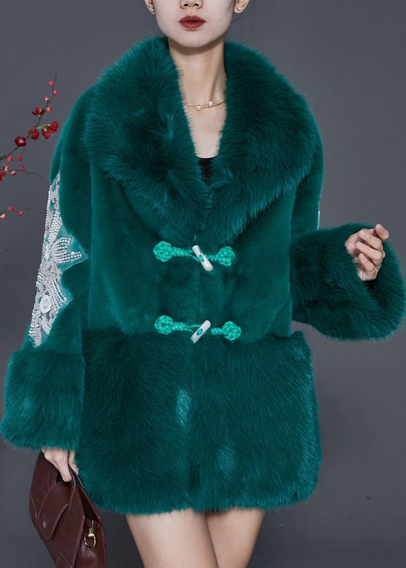 Trench-coat En Velours De Vison Vert Moderne Avec Boutons Chinois Patchwork Hiver - Manteaux d'hiver femmes