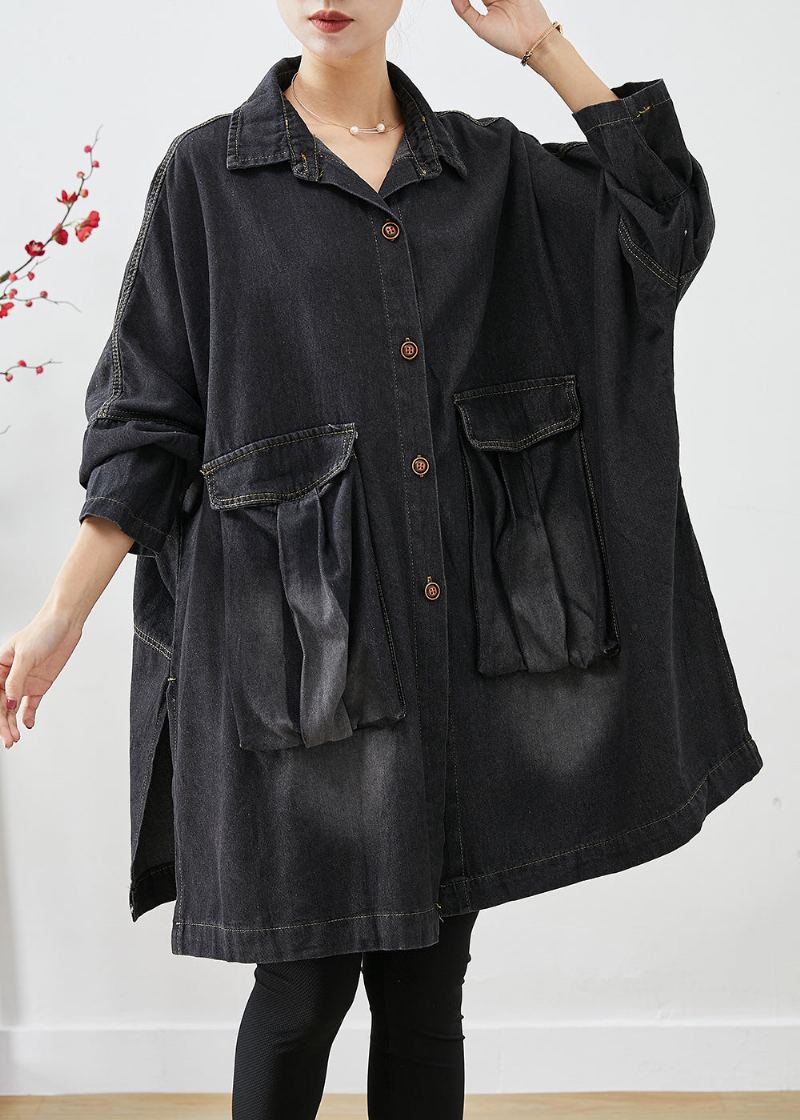 Trench En Denim Noir Poches Surdimensionnées Manches Chauve-souris - Manteaux d'hiver femmes