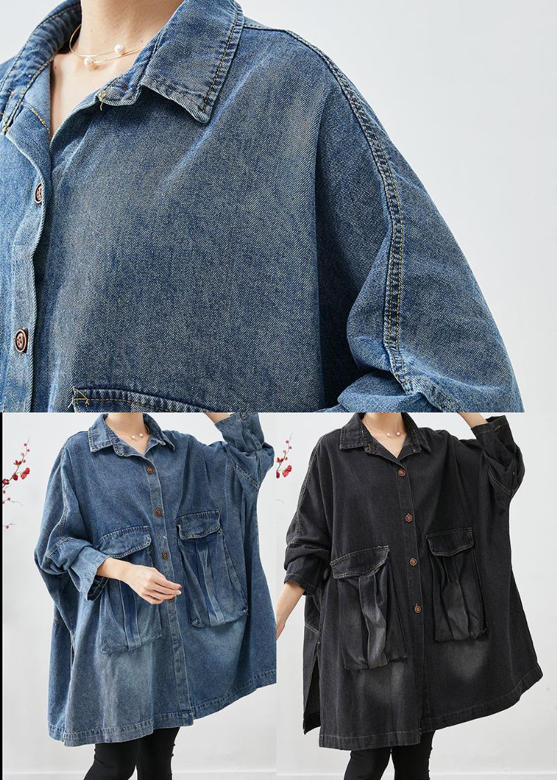 Trench En Denim Noir Poches Surdimensionnées Manches Chauve-souris - Manteaux d'hiver femmes