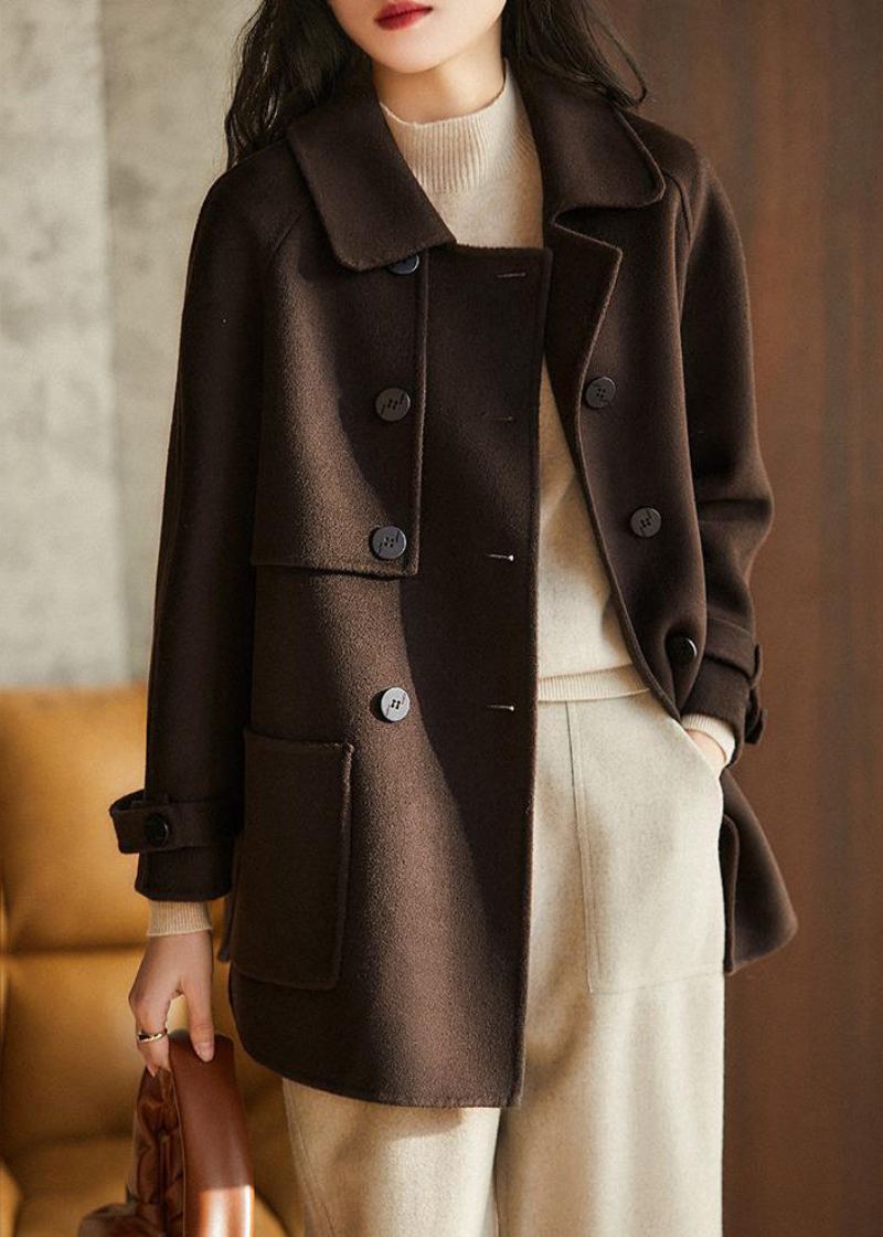 Trench En Laine Ample Chocolat Col Claudine Double Poitrine Automne