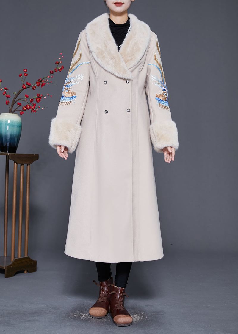 Trench En Laine Double Boutonnage Brodé Avec Col En Fourrure Beige Grande Taille Hiver