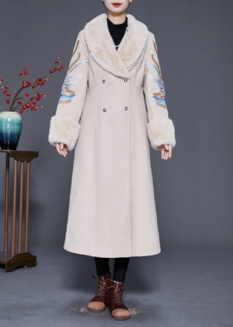 Trench En Laine Double Boutonnage Brodé Avec Col En Fourrure Beige Grande Taille Hiver