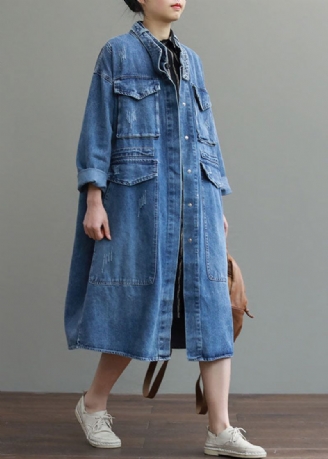 Unique Bleu Poches Bouton Lâche Automne Denim Manches Longues Manteaux Trench