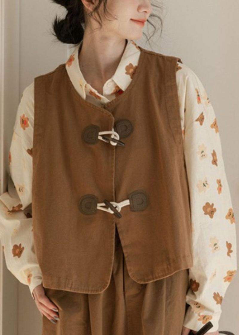 Unique Caramel O-cou Patchwork Bouton Gilet Automne