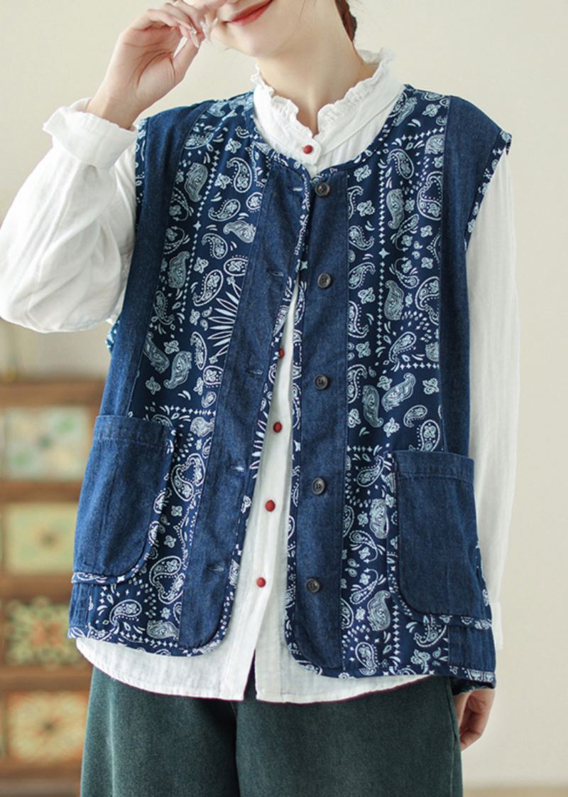 Unique Denim Bleu Col Rond Imprimé Poches Gilet Printemps