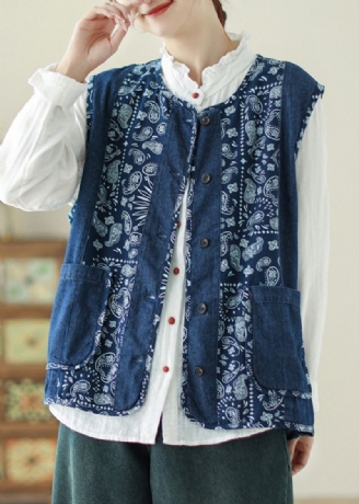 Unique Denim Bleu Col Rond Imprimé Poches Gilet Printemps