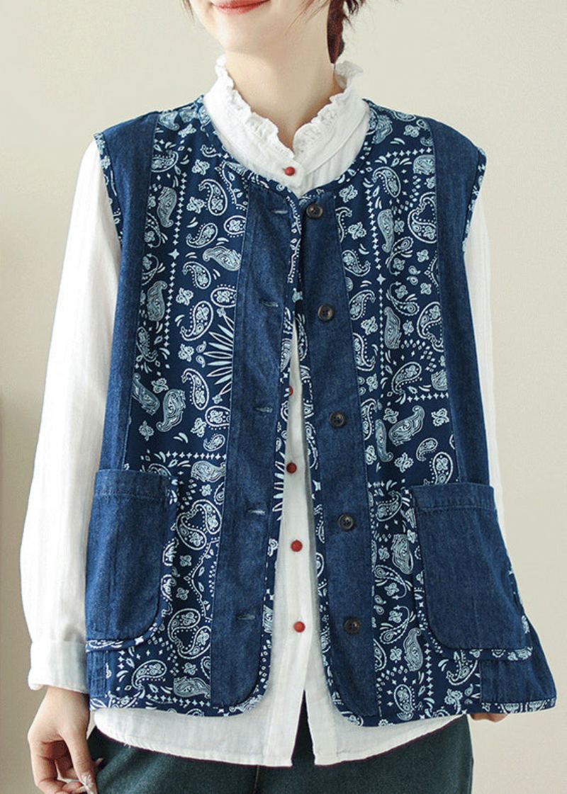 Unique Denim Bleu Col Rond Imprimé Poches Gilet Printemps - Manteaux d'hiver femmes