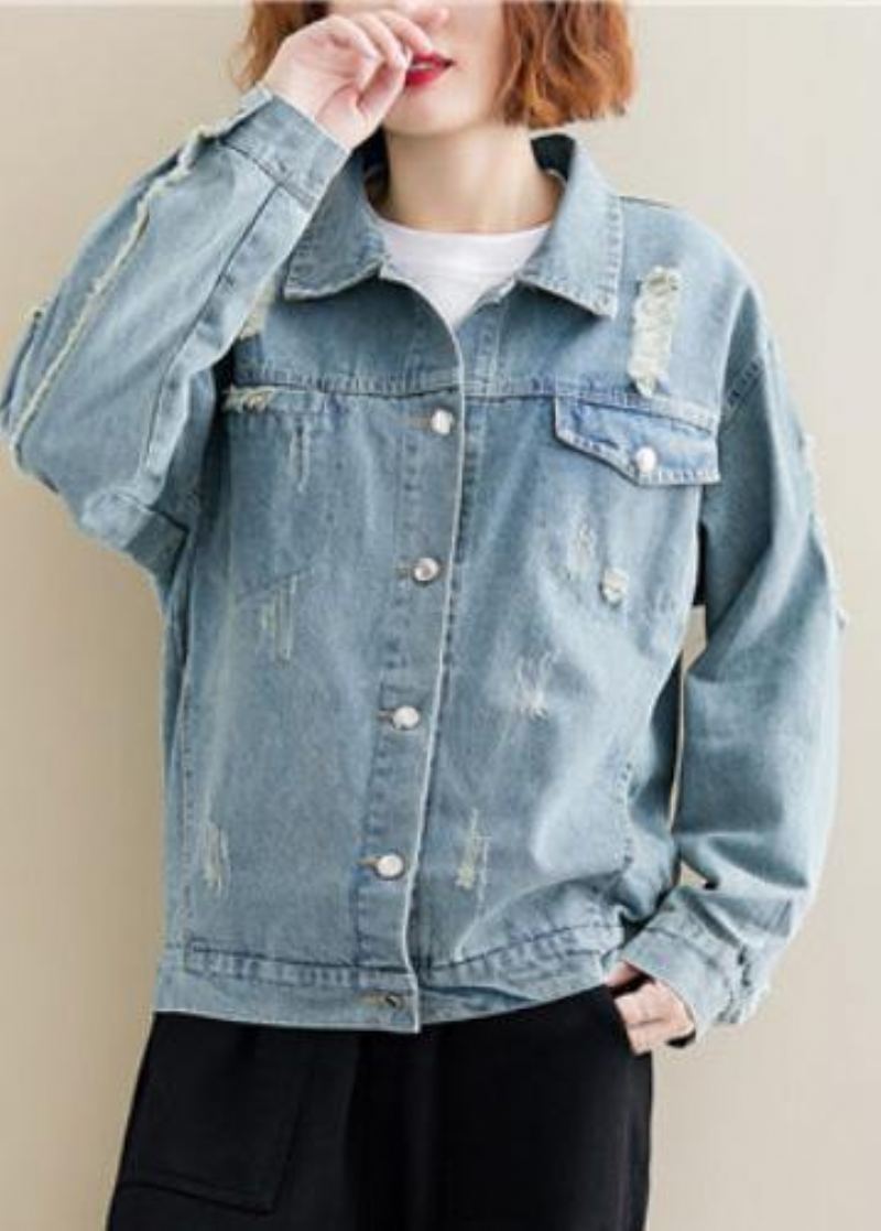 Unique Denim Bleu Coton Boîte Haut Col À Revers Robes Déchirées Manteau D'automne