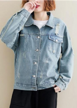 Unique Denim Bleu Coton Boîte Haut Col À Revers Robes Déchirées Manteau D'automne