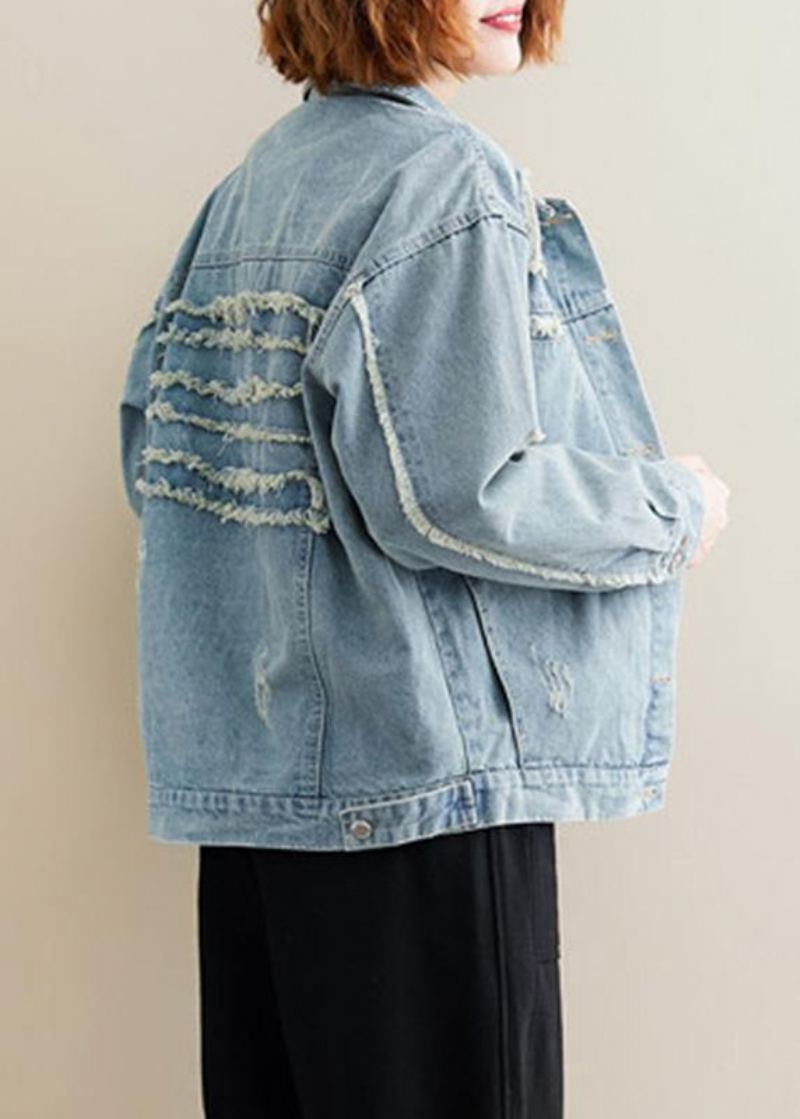 Unique Denim Bleu Coton Boîte Haut Col À Revers Robes Déchirées Manteau D'automne - Manteaux d'hiver femmes