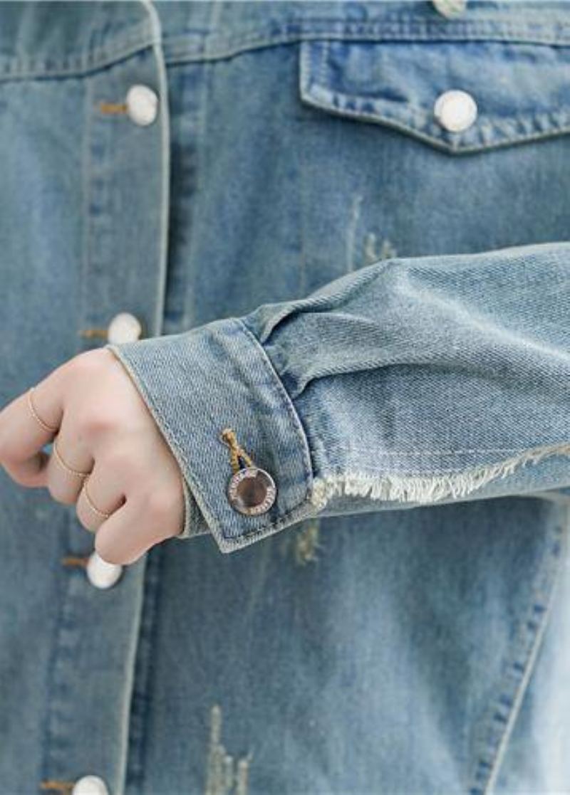 Unique Denim Bleu Coton Boîte Haut Col À Revers Robes Déchirées Manteau D'automne - Manteaux d'hiver femmes