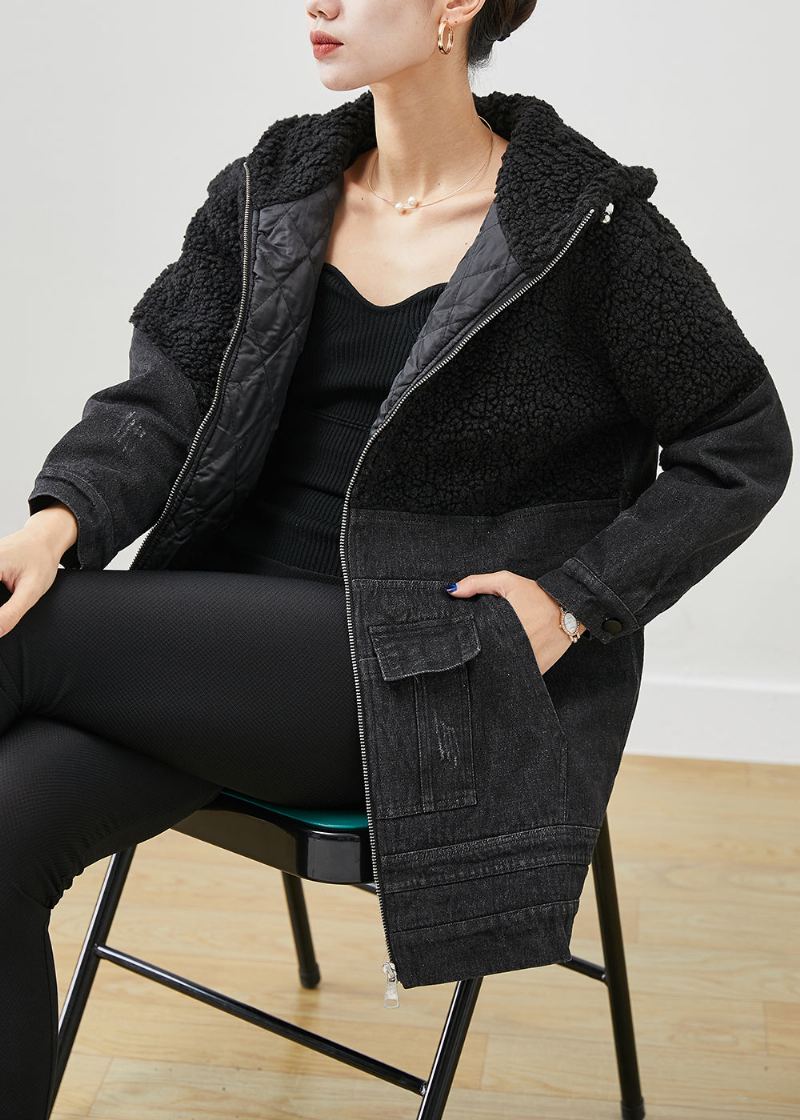 Unique Noir À Capuche Patchwork Laine Denim Fine Coton Rempli Vestes Hiver