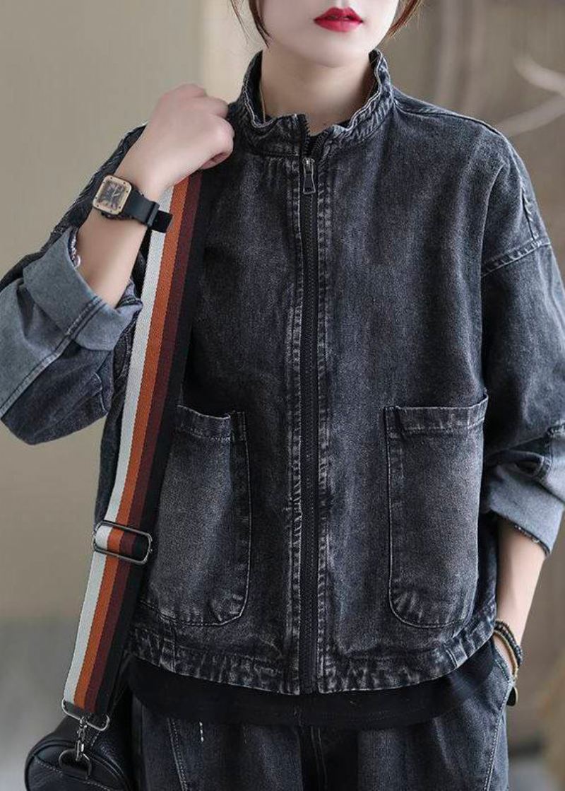 Unique Noir Col Montant Fermeture Éclair Patchwork Poches Coton Denim Manteaux À Manches Longues - Manteaux d'hiver femmes