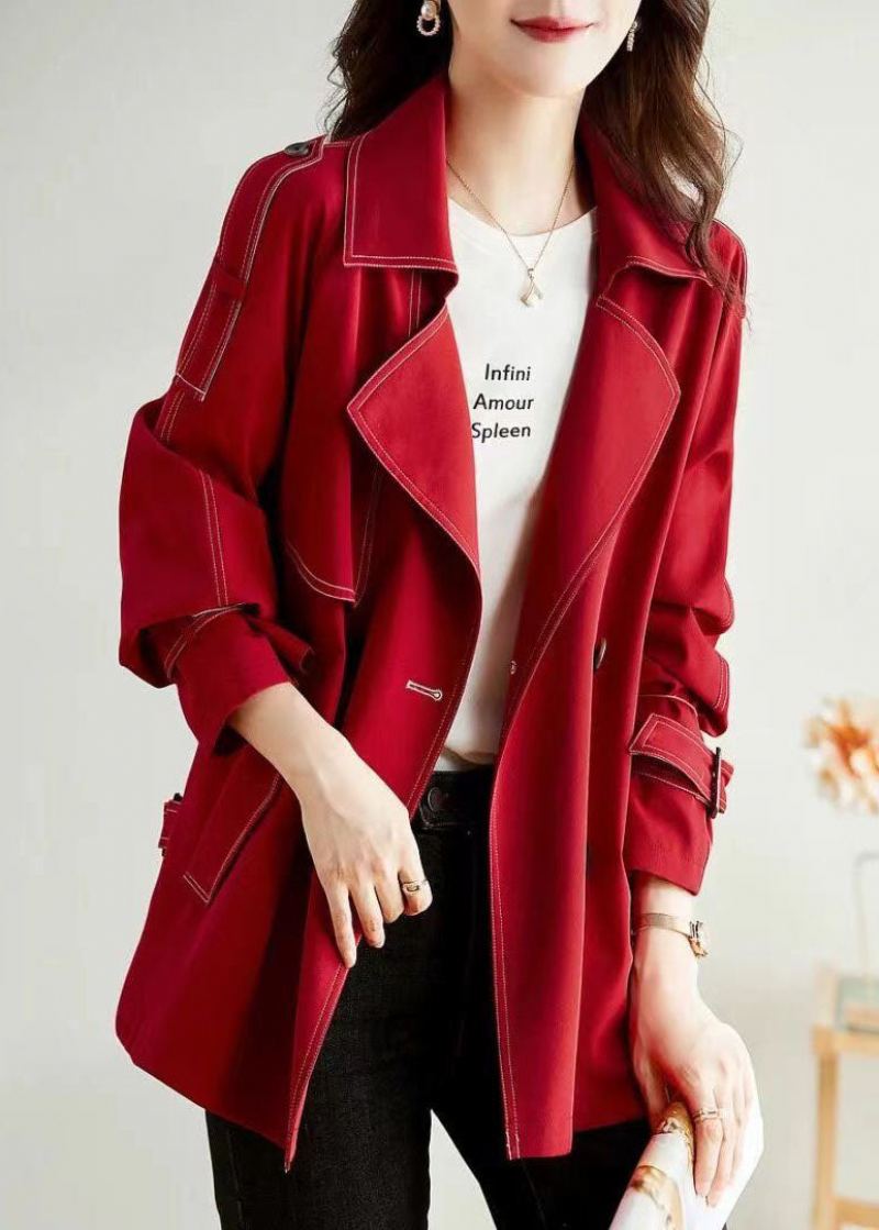 Unique Rouge Col Claudine Poches Bouton Patchwork Coton Manteaux Automne - Manteaux d'hiver femmes