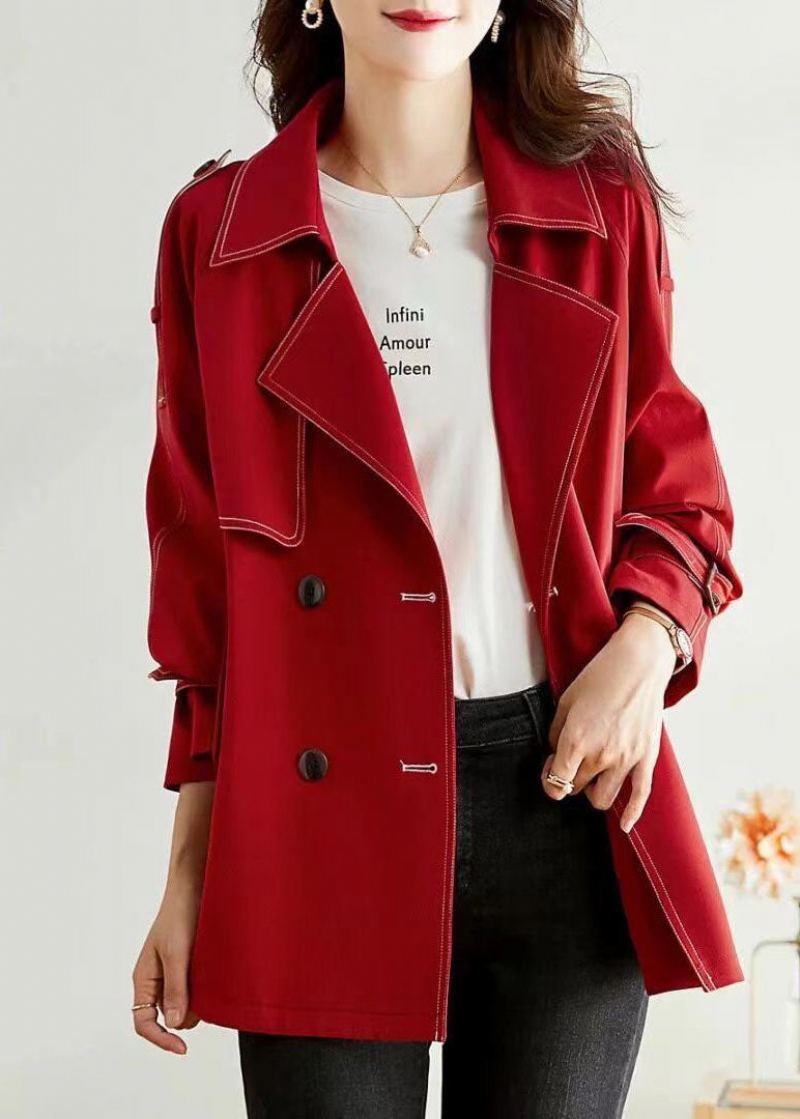 Unique Rouge Col Claudine Poches Bouton Patchwork Coton Manteaux Automne - Manteaux d'hiver femmes