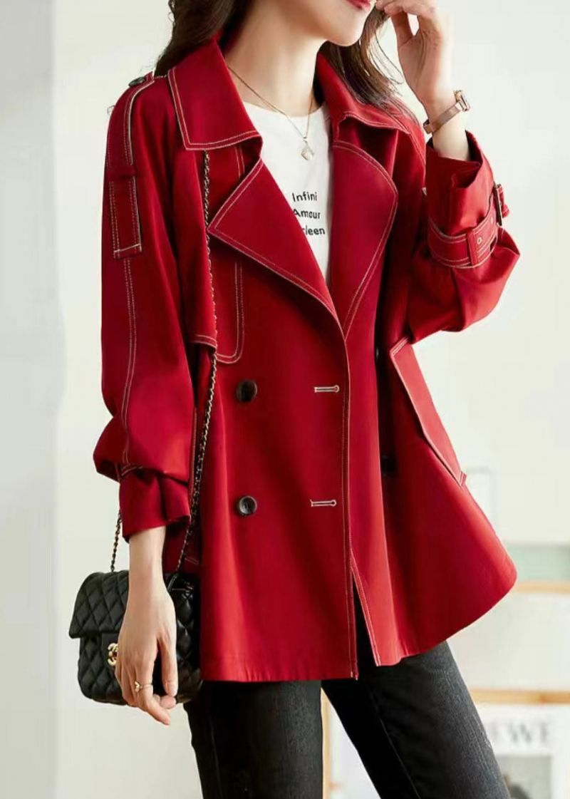 Unique Rouge Col Claudine Poches Bouton Patchwork Coton Manteaux Automne - Manteaux d'hiver femmes