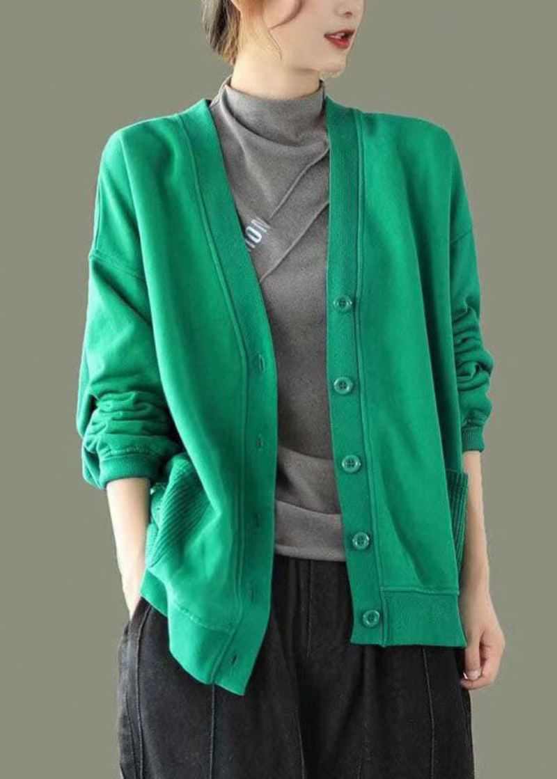 Vert Bouton Poches Patchwork Chaud Polaire Sweat Manteau Col V Manches Longues