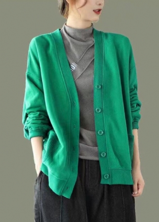 Vert Bouton Poches Patchwork Chaud Polaire Sweat Manteau Col V Manches Longues