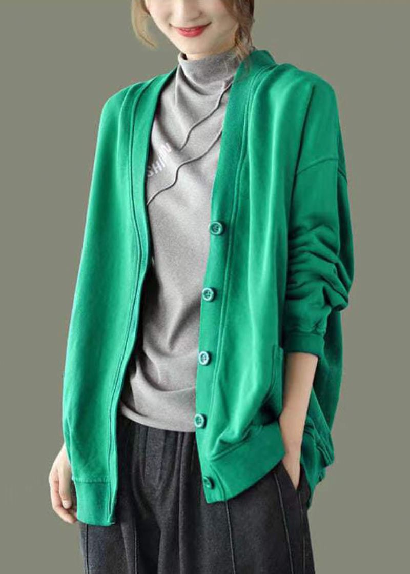 Vert Bouton Poches Patchwork Chaud Polaire Sweat Manteau Col V Manches Longues - Manteaux d'hiver femmes