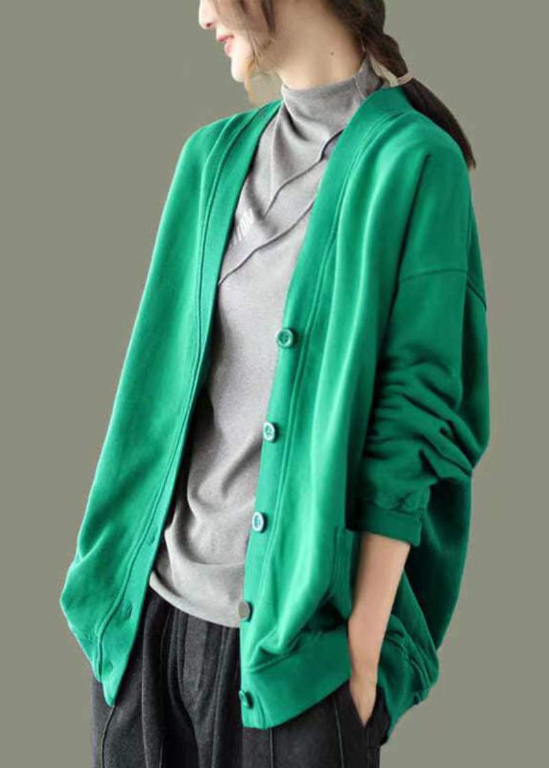 Vert Bouton Poches Patchwork Chaud Polaire Sweat Manteau Col V Manches Longues - Manteaux d'hiver femmes