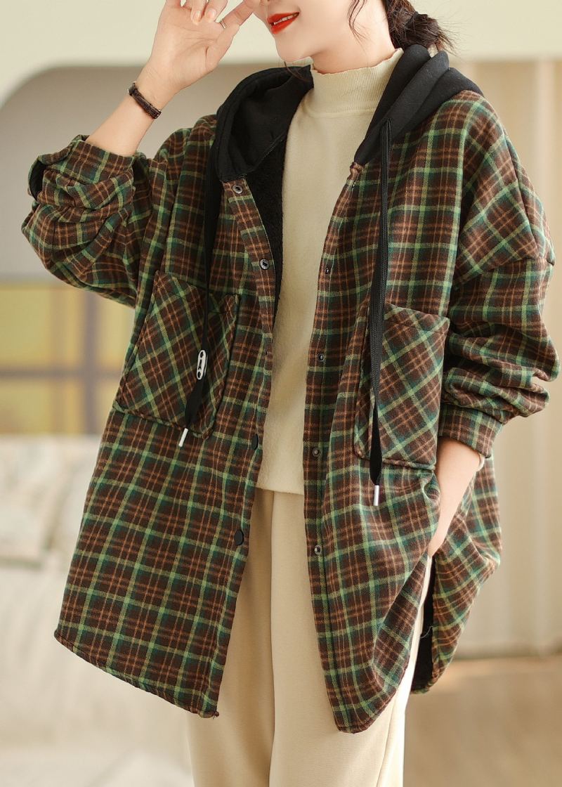 Vert Poches Plaid Ample Chaud Polaire Veste À Capuche Hiver